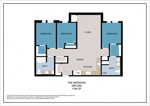 Floor plan for 3 beds, 2 baths, 1194 sqft